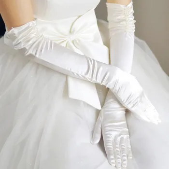 1 Çift Gelin Gelin Düğün Eldiven Kırmızı Siyah Beyaz Fildişi Uzun Boncuklu Saten Zarif Kadınlar için Parmak gants mariage luvas de noiva
