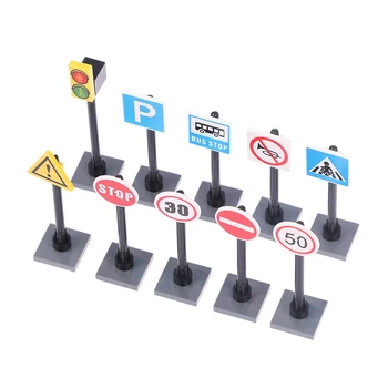 10 adet / takım Şehir Sokak Trafik Yol İşaretleri Barikat sinyal ışığı Hız sınırı İnsansı yol otopark işareti oyuncak inşaat blokları