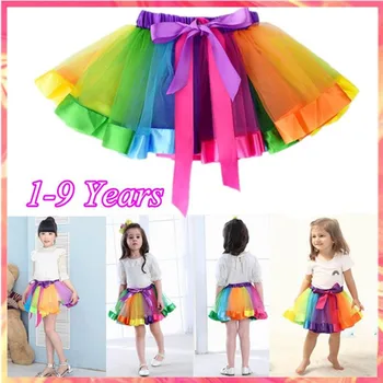 2-8 yıl Gökkuşağı Küçük Kızlar Katmanlı Tül Gökkuşağı Tutu Etekler Yay Fırfır Dans Kabarcık Bale Elbise