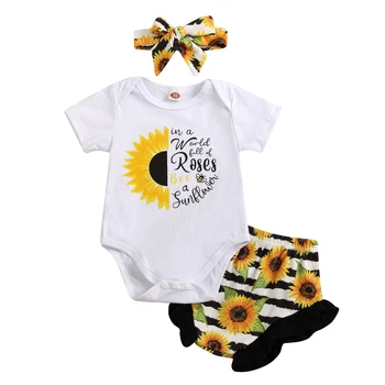 2022-03-23 Lioraitiin 0 - 18M Bebek Kız Yaz Kıyafet Setleri Beyaz Kısa Kollu Mektup Baskı Romper Ayçiçeği Baskı Çizgili Şort