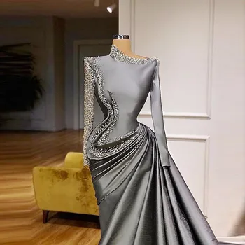 2022 Mermaid Gri Suudi Arapça Uzun Kollu Abiye Giyim Büyük Boncuk Sequins Tafta Balo Elbise vestidos de fiesta için