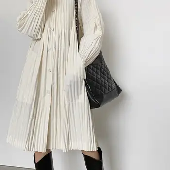 2022 Sonbahar Yeni ışık Lüks Moda Pilili Kadın Banliyö Mizaç İnce Uzun Trençkot Kadın Butik Giyim