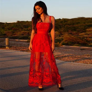2022 Yeni Yıl Kırmızı Dantel Bandaj Elbise Yeni kadın Kolsuz İçi Boş Uzun Zarif Akşam Gösterisi Parti Dar Gece Elbisesi