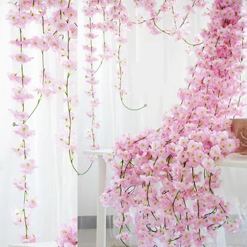 235 cm Ipek Sakura Kiraz Çiçeği Asma Lvy Yapay Sahte Sakura Rattan Duvar Asılı Çelenk DIY Çelenk Düğün Kemer Ev Dekor