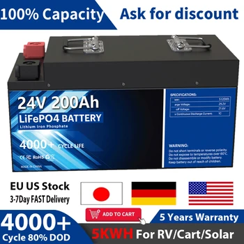 24V 200AH LiFePO4 Pil Paketi 5120WH 25.6 V 5KW lityum iyon batarya RV Arabası Sistemi Yükseltme 4000 + Döngüsü 200A BMS Dahili HİÇBİR VERGİ