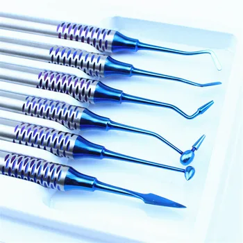 6 adet Diş Kompozit Reçine dolgu Spatula Titanyum kaplama Kafa Reçine Dolgu Seti Metal dezenfeksiyon kutusu Diş Enstrüman