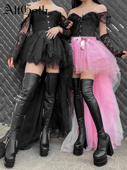 AltGoth Fairycore Grunge Parti Giyim Etek Kadın Merkezi Goth Y2k E-kız Harajuku Streetwear Punk Yüksek Bel Örgü Tüylü Etek Femme