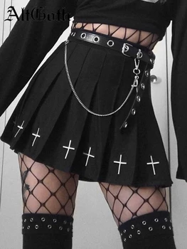 AltGoth Harajuku Punk Etek Kadın İşlemeli Yüksek Bel Pilili Mini Etek Koyu Siyah Gotik Y2k E-kız Moda Alt Etek Kadın