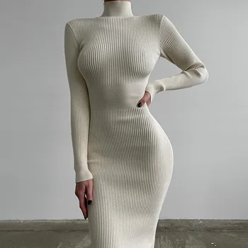 Ardm Zarif Balıkçı Yaka Bodycon Örme Parti Elbiseler Kadınlar İçin 2022 Seksi İnce Beyaz Midi Elbise Vintage Kış Vestidos De Mujer