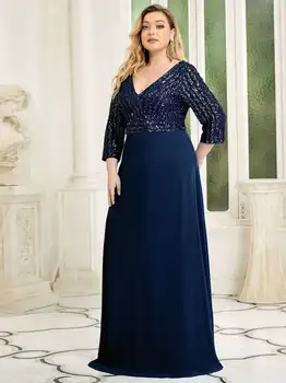 Artı Boyutu 9XL Abiye Uzun A-LİNE V Yaka Bilek Kollu Kat Uzunlukta Elbise 2023 Hiç Güzel Pullu Balo Kadın Elbise