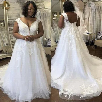Artı Boyutu Afrika düğün elbisesi 2022 Seksi V Yaka Dantel Aplikler Backless Vestido De Noiva Gelinlikler