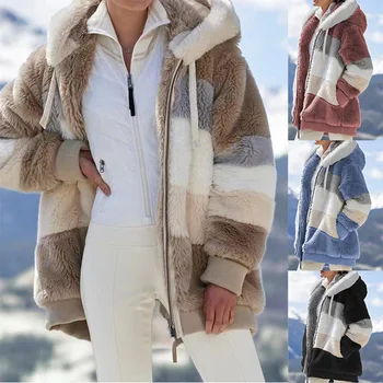 Avrupa ve Amerikan kadın ceketi Kapşonlu Gevşek Tavşan Saç Taklit Kürk Fermuar Hırka Peluş Sıcak Ceket