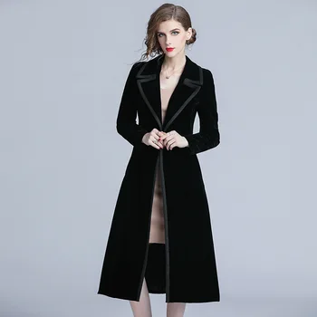 Bahar Kış 2020 Yeni Siyah Kadife Ceket Bayanlar Uzun Bir Çizgi Sıcak Rüzgarlık Kadın Şarkıcı Göğüslü OL Ofis İş Ceketleri Kadın