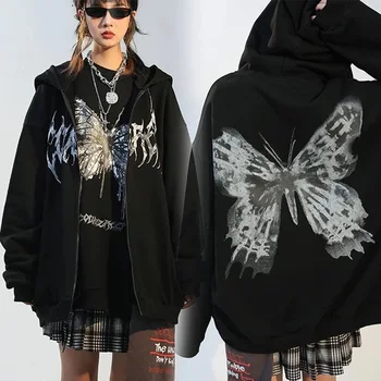Bahar Sonbahar Kelebek Ceketler Uzun Kollu Hoodies Fermuar Kapüşonlu Sweatshirt Moda Gotik Punk Ceket Unisex Y2k Tişörtü