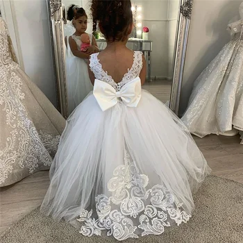 Beyaz Nedime Elbisesi Kız Çiçek Kız Elbise Balo Çocuk Düğün Pageant İlk Communion Elbise Büyük Yay Uzun Kollu
