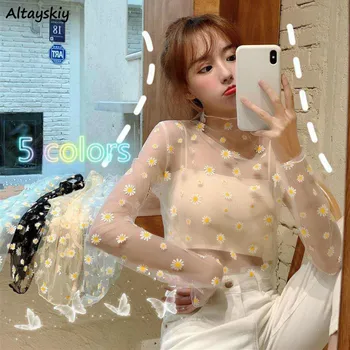 Bluzlar Kadınlar 5 Renkler Ins Yaz Temel Güneş geçirmez Tüm Maç Kore Sıcak Bayanlar Şeffaf Üst Güzel Papatya Rahat Popüler Femme Gömlek