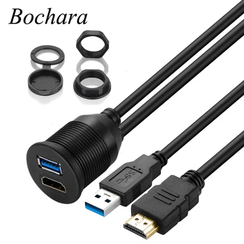 Bochara USB 2.0 USB 3.0 + HDMI Uyumlu Uzatma Kablosu Erkek Kadın USB Gömme Montaj Paneli Pano Kablosu Araba Motosiklet için