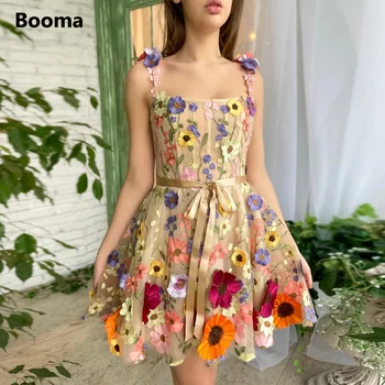 Booma Peri Çiçek Dantel Mini balo kıyafetleri Spagetti Sapanlar Nakış Çiçekler Kısa Parti Elbiseler Diz Üstü A-Line Balo Abiye