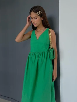 Bornladies Yaz V Yaka Yeşil Kadın Elbise 2022 Rahat Gevşek Kolsuz Ofis Elbiseler Zarif Klasik Dantelli kadın elbisesi