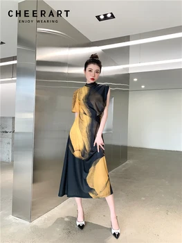 CHEERART Batik Tasarımcı uzun elbise Kadınlar İçin 2022 Yaz Kısa Kollu Tunikler Bir Çizgi Bayanlar Midi Elbise Pist Moda