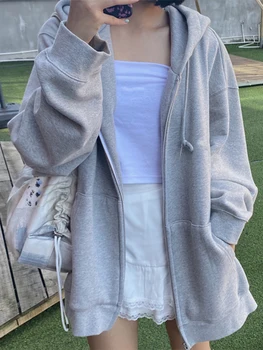 CHRLEISURE Hoodie Kadın Moda Düz Renk Ince Gevşek Tişörtü Y2K Kore Versiyonu Uzun Kollu Spor Hoodie Ceket