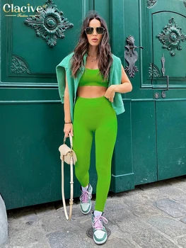 Clacive Bodycon Yeşil Örme Tayt Jogger Moda Yüksek Bel Ayak Bileği Uzunlukta Pantolon Pantolon Spor Basit ince pantolon Kadınlar İçin
