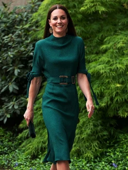 Delocah Yüksek Kalite Yaz Kadın Moda Tasarımcısı Midi Elbise Prenses Kate Kemer Yarım Kollu Yay Katı Baskı Kalem Elbiseler