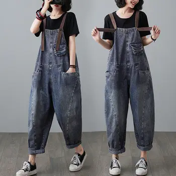Denim Tulum kadın Kot Bahar Sonbahar Gevşek Kore Tarzı Jartiyer Pantolon Zayıflama Tulum Vintage Yüksek Bel Pantolon H078