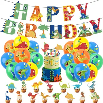 Dinozor Parti Malzemeleri Tek Kullanımlık Sofra Seti Kağıt Payet Plaka Balon Afiş Çocuklar Çocuk Doğum Günü Orman Parti Dekorasyon