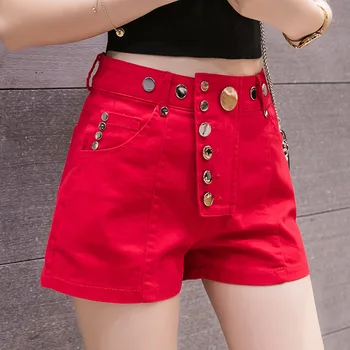 Düzensiz düğmeler kırmızı kot şort kadın Kore elastik sıcak kısa pantolon moda yaz 2020 yeni şort kadınlar için
