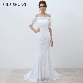 E JUE SHUNG Beyaz Vintage Dantel deniz kızı Boho Düğün Kapalı Düğün Önlük de novia vestidos Omuz Yarısı Kollu Elbiseler 