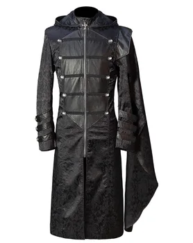 Erkek Siyah Gotik Steampunk Patchwork Uzun Trençkot Ceket PU Deri Pelerin Punk Tops Cadılar Bayramı Cosplay Ortaçağ Kostüm 5XL