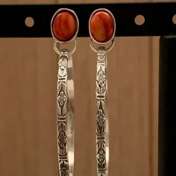 Etnik Kare Mercan Taş Damla Küpe Vintage Takı Gümüş Renk Metal Oyma Desen Yuvarlak Dangle Küpe Kadınlar için