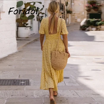 Foridol Kısa Kollu Yaz uzun elbise Kadınlar için Zarif Plaj Boho Maxi Elbise Lace Up Backless Sundress Vintage Sarı Elbise