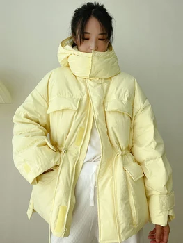 FTLZZ Kış Kapşonlu Hafif Tüy Sıcak Ceket Kadın 90 % Ördek Aşağı Kalın Ceket Düzensiz Kabarık Kirpi Dış Giyim Kordon Bel