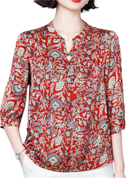 Gevşek Kadın İlkbahar Yaz Bluz Gömlek Bayan Moda Rahat Yarım Kollu V Yaka Yaka Kırmızı Baskı Blusas Tops WY0556