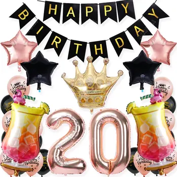 Gül Altın 20 Doğum Günü Partisi Balonlar Mutlu Doğum Günü Afiş Balon Lettre Folyo Numarası Taç Balon 20th Yıldönümü Süslemeleri