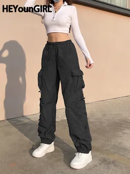 HEYounGIRL Yüksek Bel Kadın Moda Sweatpants Casual Harajuku Cepler Kore Kargo Pantolon Vintage 90s Sokak Pantolon Koşu