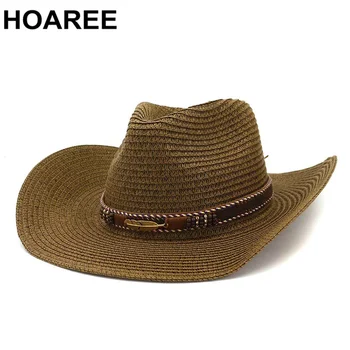 HOAREE güneş şapkaları Erkekler Kadınlar İçin hasır kovboy şapkası Geniş Kenarlı Panama Plaj Yaz Şapka 2022 Vintage Dekorasyon Fedora Kapaklar