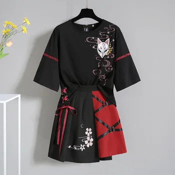 Japon Moda Siyah Anime Tilki Baskılı Lace Up Kimono kadın Giyim 2022 Yaz Geliştirilmiş Çin Hanfu Üst Etek 2 parça Set