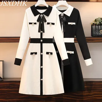 JSXDHK Zarif Kadın Boncuk Düğme Örme Elbise Chic Sonbahar Siyah Beyaz Hit Renk Inci Ilmek Yaka Yaka Kazak Elbise