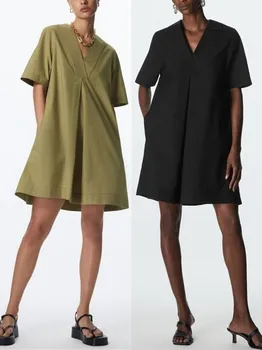 Kadın V Yaka Düz Renk evaze tişört Elbise 2022 Yeni Yaz Kadın Gevşek Kısa Kollu Rahat Moda Kısa Elbise