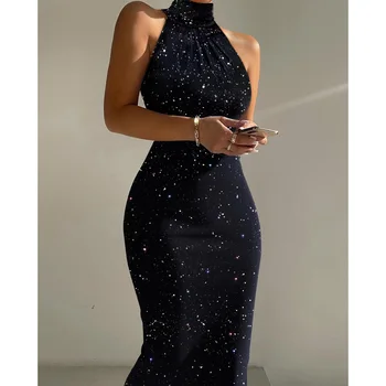 Kadınlar İçin yeni moda seksi ince uzun elbise Glitter yüksek boyun kolsuz Bodycon elbise