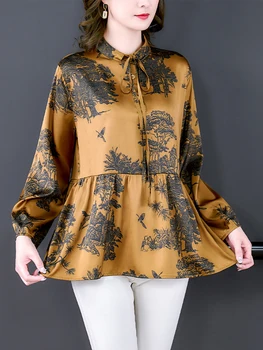 Kadınlar Çiçek İpek Saten Uzun Kollu gömlekler Sonbahar Kore Vintage Rahat Bluzlar 2022 Zarif Bodycon Şık Yay Yaka Gömlek
