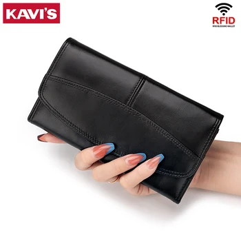 KAVIS Yeni Moda Kadın Cüzdan Marka Deri Uzun Kullanışlı cüzdan Rfıd Hakiki Deri Kadın Debriyaj kart tutucu Carteras