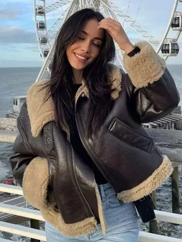KLKXMYT TRAF Kadın kışlık ceketler 2023 Yeni Moda Kalın Sıcak Kuzu Kılı Mont Vintage Uzun Kollu fermuarlı ceket Kadın Ceket Tops