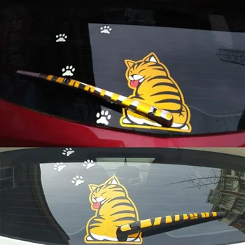 Komik Kedi Araba Çıkartmaları Hareketli Kuyruk Arka Cam Karikatür Yansıtıcı Çıkartma Otomatik Silecek Sticker Çıkartması