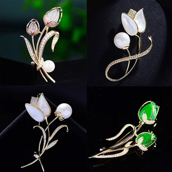 Kore Moda Zirkon Lale Broş Yaratıcı Mizaç Bitki Giyim Pin Opal Çiçek Broş Kadın Aksesuarları Takı için