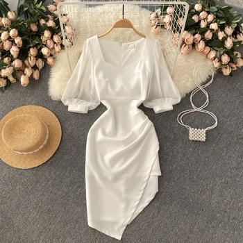 Kore Zarif Kadın Beyaz Elbise 2022 Moda Yaz Düzensiz Elbise Kare Yaka Kısa Puf Kollu Kat İş Parti Elbiseler