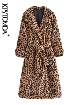 KPYTOMOA Kadın Moda Kemer Leopar Baskı Faux Kürk Ceket Vintage Uzun Kollu Yan Cepler Kadın Giyim Şık Palto